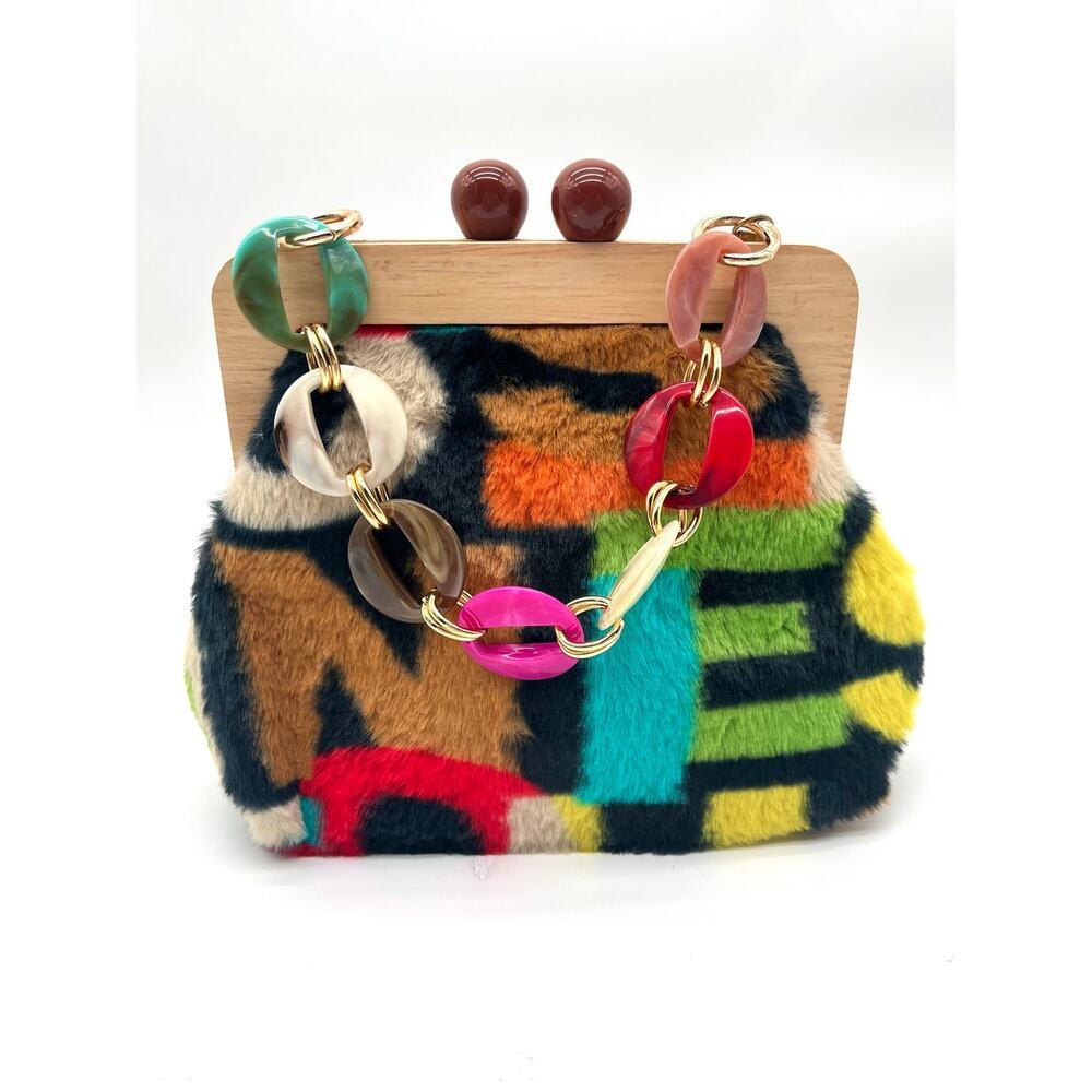 Plush Colorful Faux Fur Kisslock Purse, Acrylic Chain
